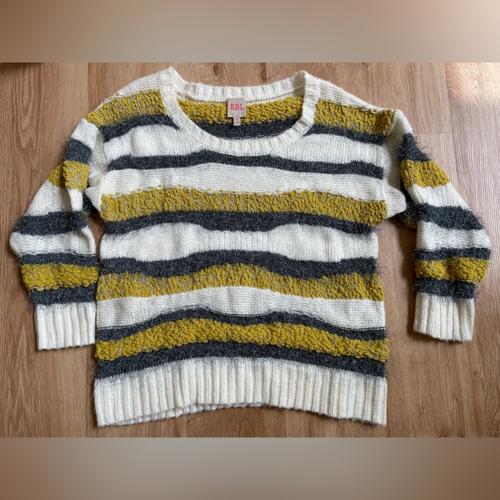 RBL Striped Fuzzy Knit Sweater cream gray yellow boho bohemian medium